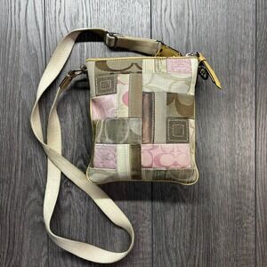 Coach Holiday Patchwork Crossbody Bag Pink Tan Brown Signature Jacquard Suede